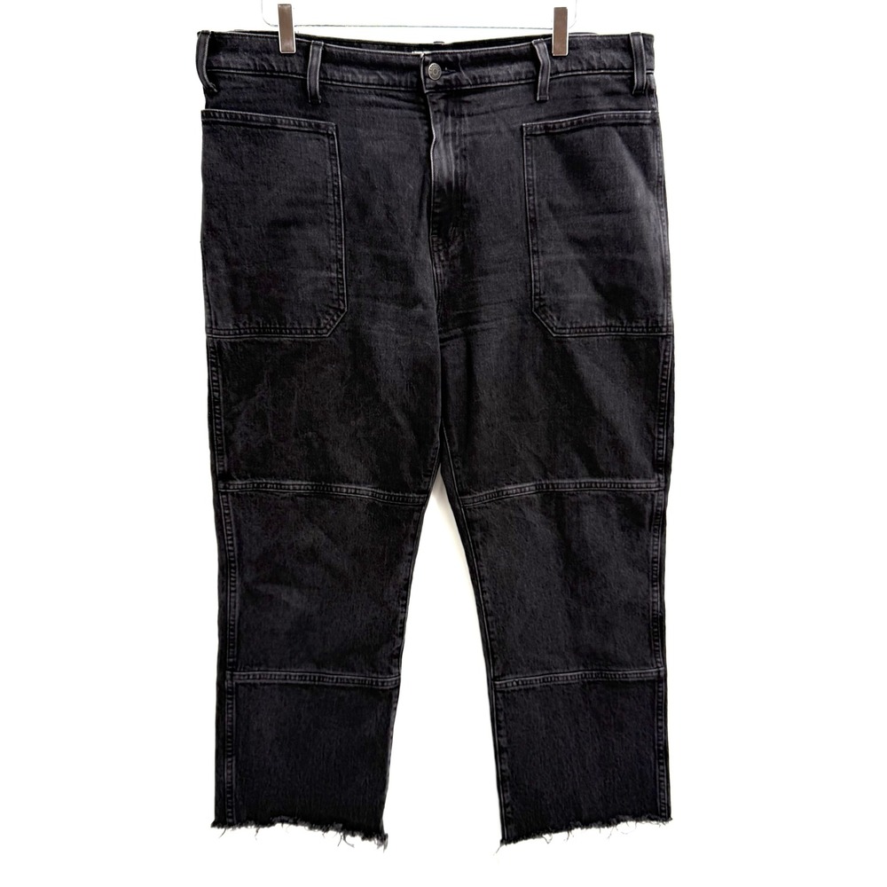 Madewell 90s Straight Leg Jeans Size 33 Black Utility Patch Pocket Raw Hem NN462